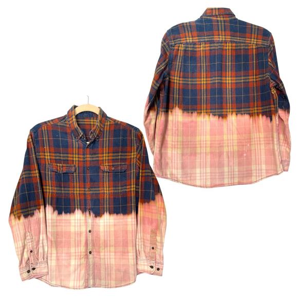 Upcycled Hand Bleached Thrashed Flannel Button Shirt Mens XL Grunge Rave 90s Y2k - Picture 1 of 8